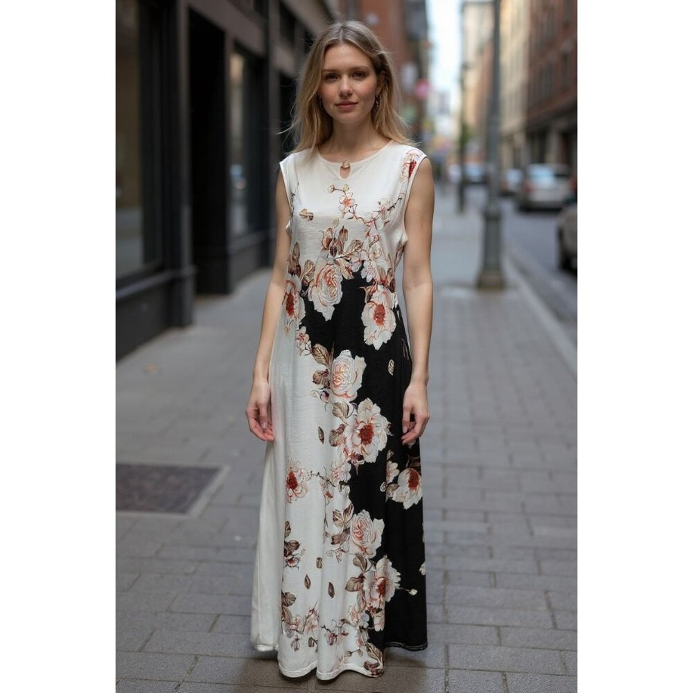 NEW Sleeveless Floral Maxi Dress With Black/White Contrast For Women Size L
